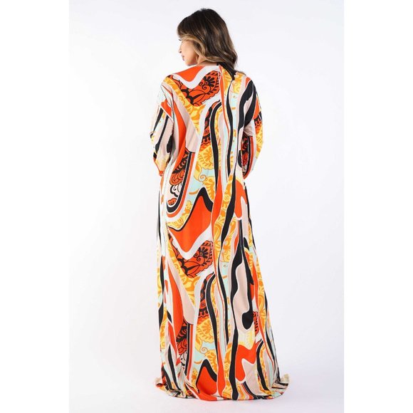 Women's Printed Beachwear Cover Up Swimsuit Long Sleeve Orange & Royal Combo - Picture 6 of 9